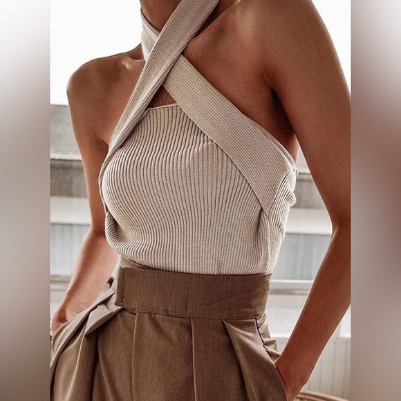 Commense Tops - Commense Beige Ribbed Halter Top